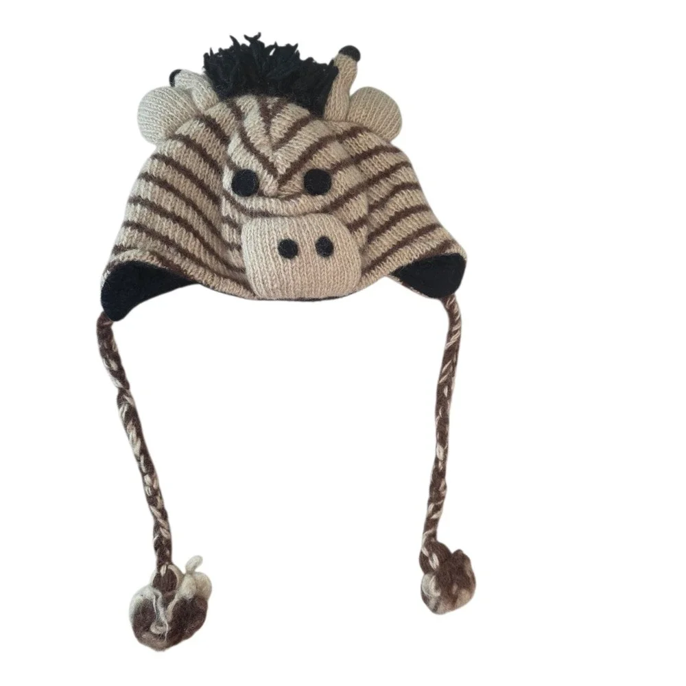 Kids 100% Wool Zebra Animal Beanie Hat Braided Chin Ties Pom Poms Brown
